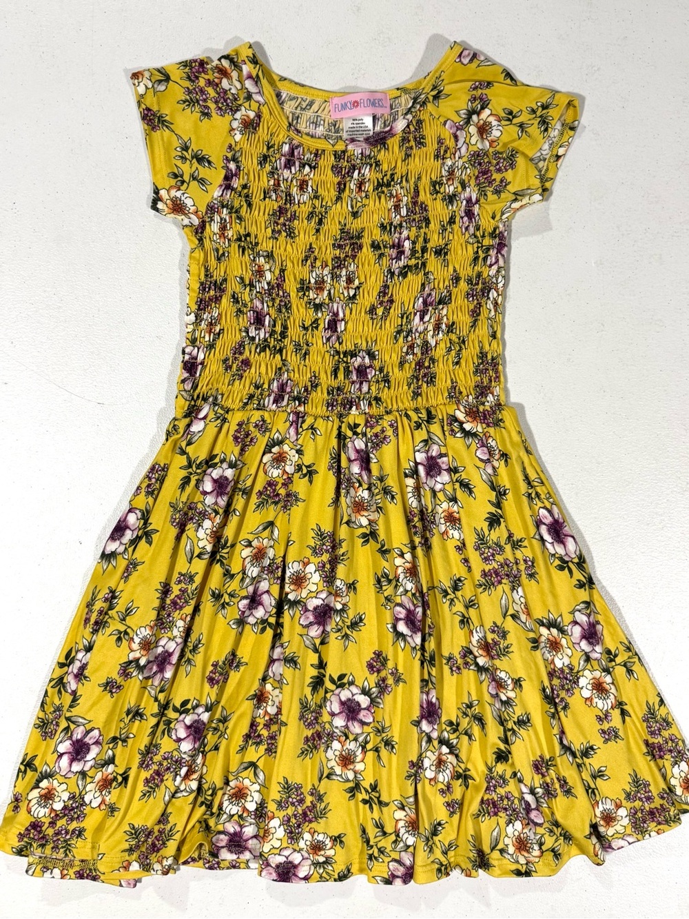 Girls' Funky Flowers Mustard Yellow Floral Smocked Casual Dress